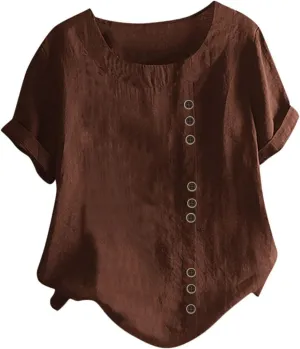 Women's Linen Shirts V-Neck Buttons Blouses Solid Oversized Tops Short Sleeve Loose T-Shirts