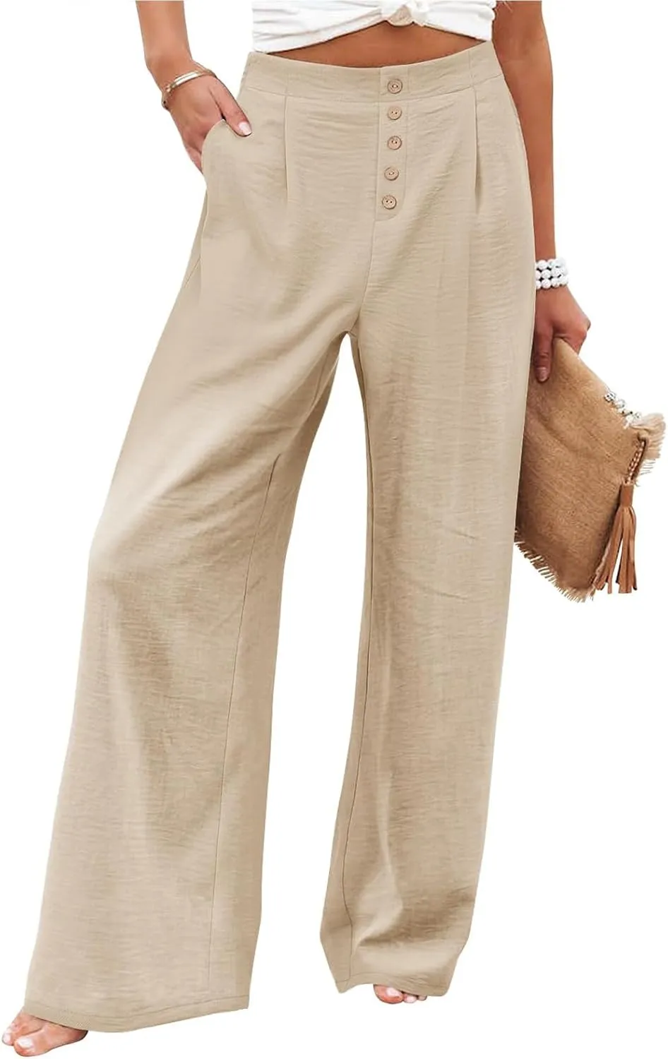 Womens Linen Wide Leg Pants Casual Elastic High Waisted Button Beach Pants Cotton Baggy Trousers with Pockets