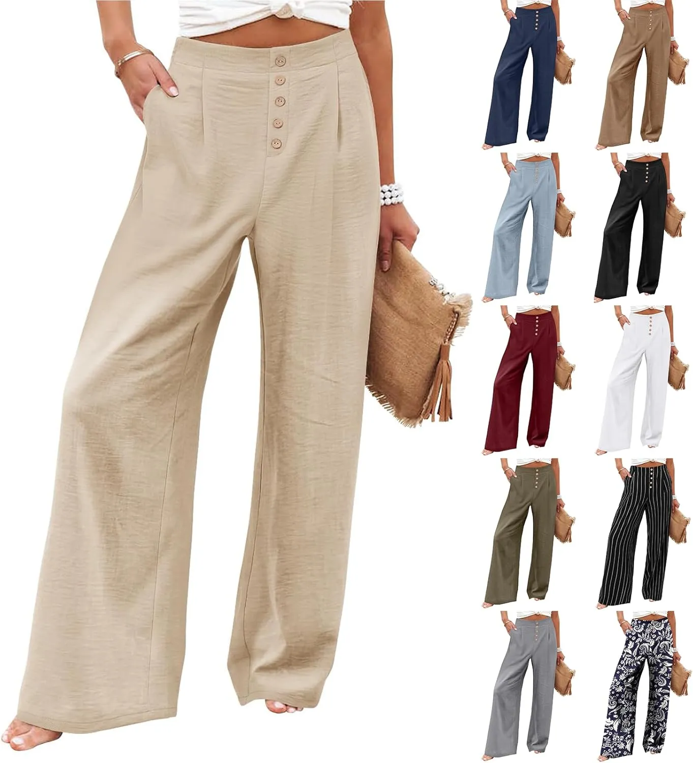 Womens Linen Wide Leg Pants Casual Elastic High Waisted Button Beach Pants Cotton Baggy Trousers with Pockets