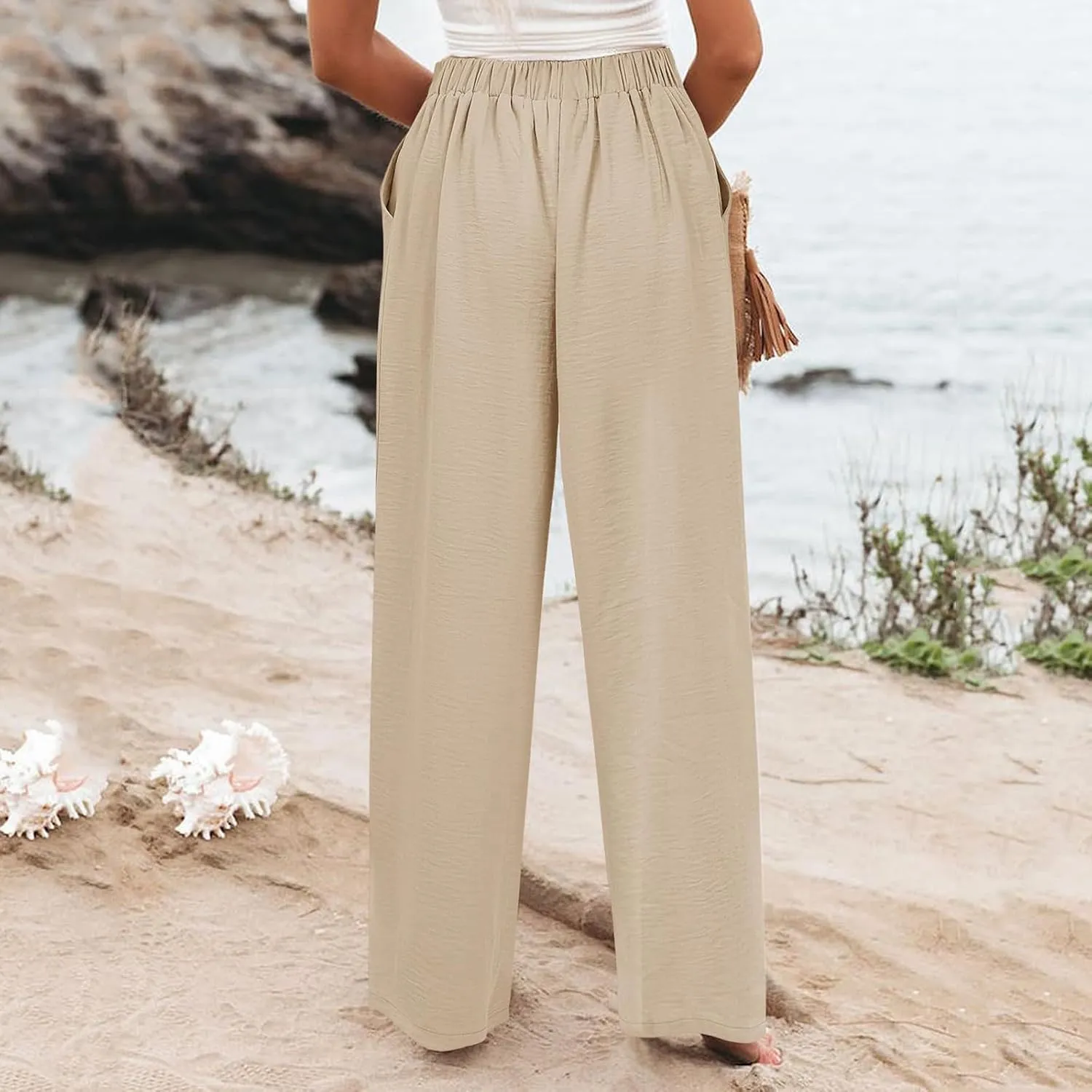 Womens Linen Wide Leg Pants Casual Elastic High Waisted Button Beach Pants Cotton Baggy Trousers with Pockets