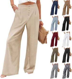 Womens Linen Wide Leg Pants Casual Elastic High Waisted Button Beach Pants Cotton Baggy Trousers with Pockets
