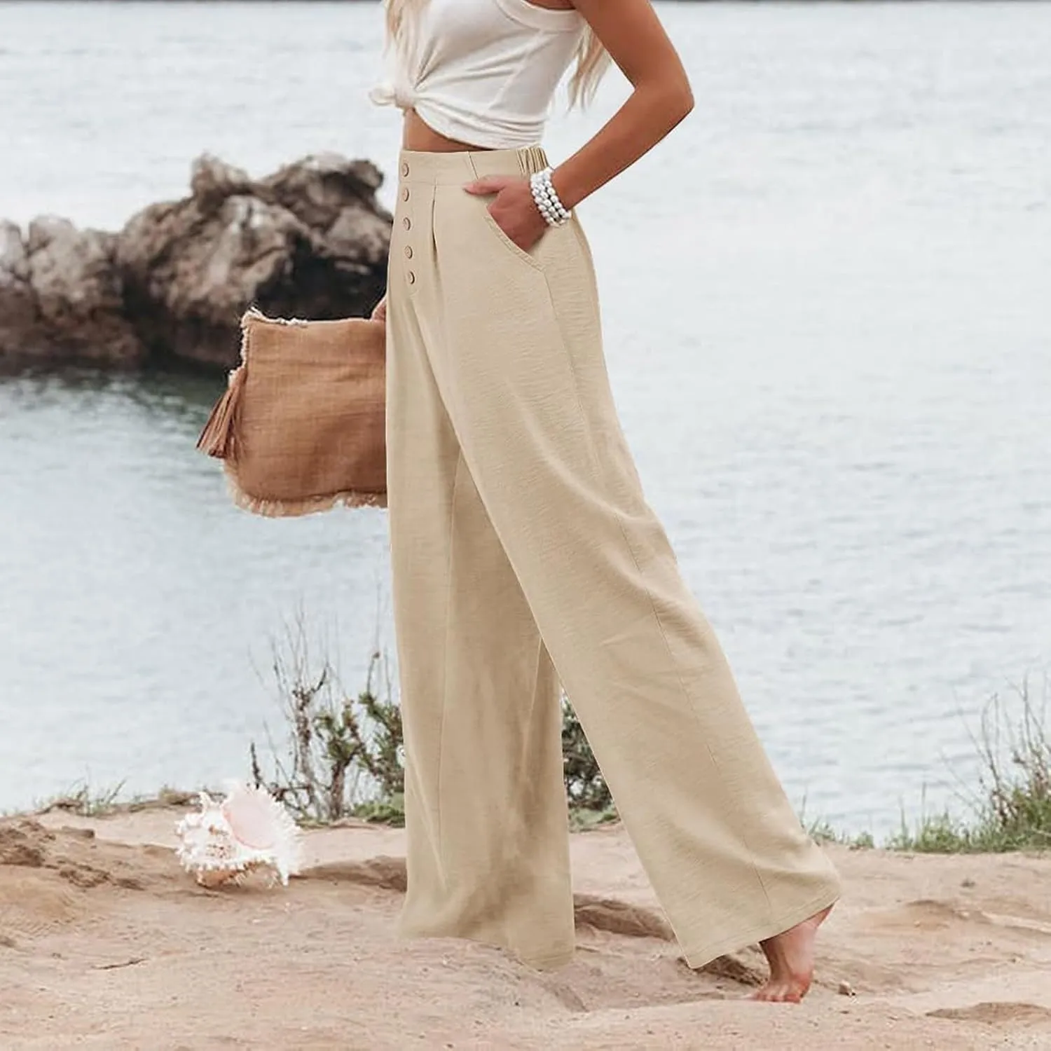 Womens Linen Wide Leg Pants Casual Elastic High Waisted Button Beach Pants Cotton Baggy Trousers with Pockets