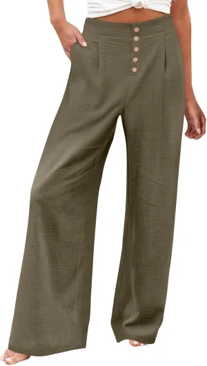 Womens Linen Wide Leg Pants Casual Elastic High Waisted Button Beach Pants Cotton Baggy Trousers with Pockets