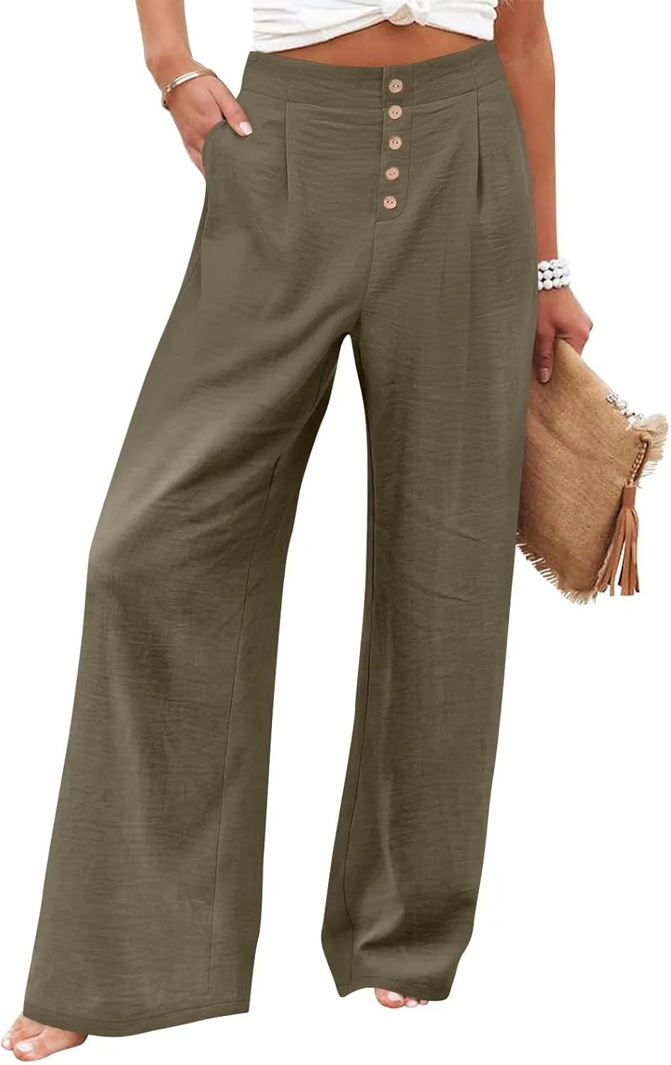 Womens Linen Wide Leg Pants Casual Elastic High Waisted Button Beach Pants Cotton Baggy Trousers with Pockets