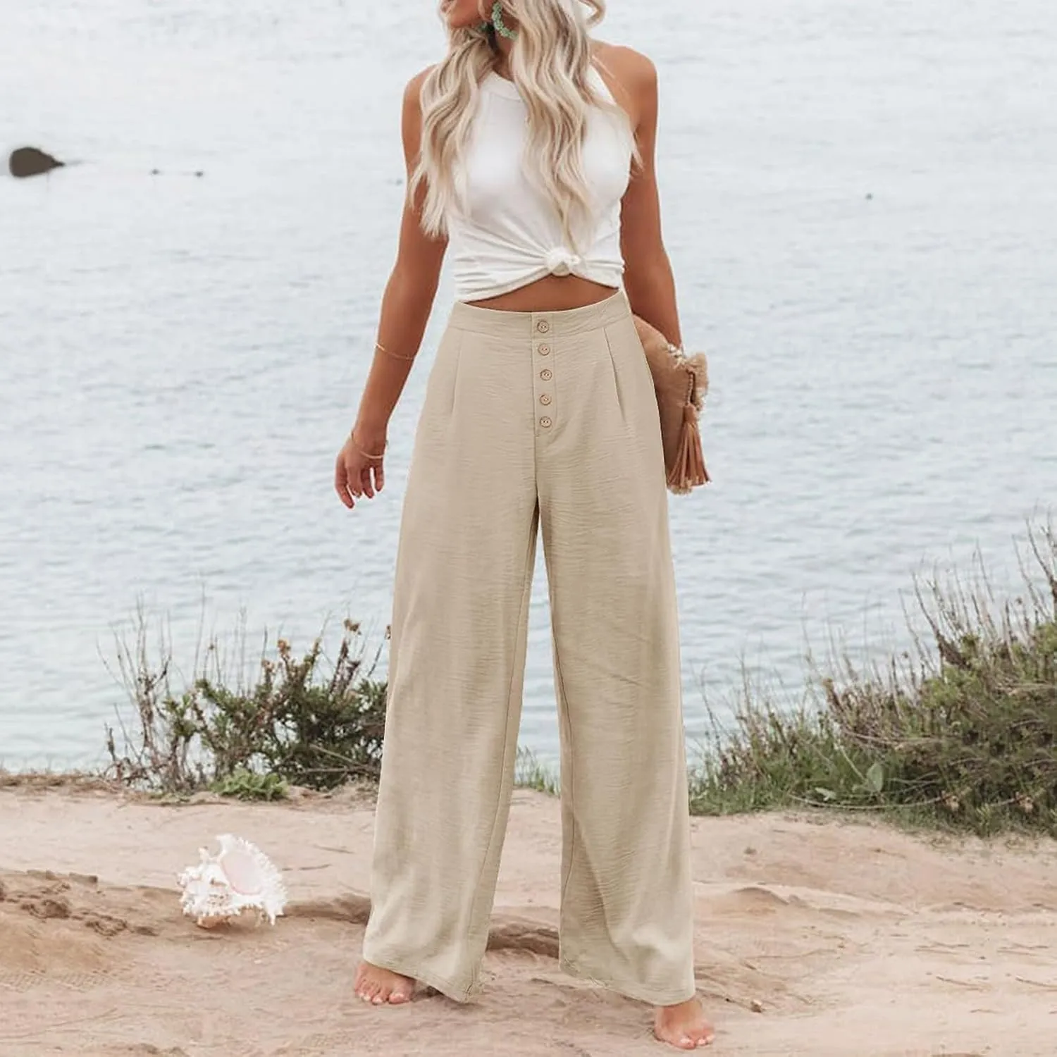 Womens Linen Wide Leg Pants Casual Elastic High Waisted Button Beach Pants Cotton Baggy Trousers with Pockets