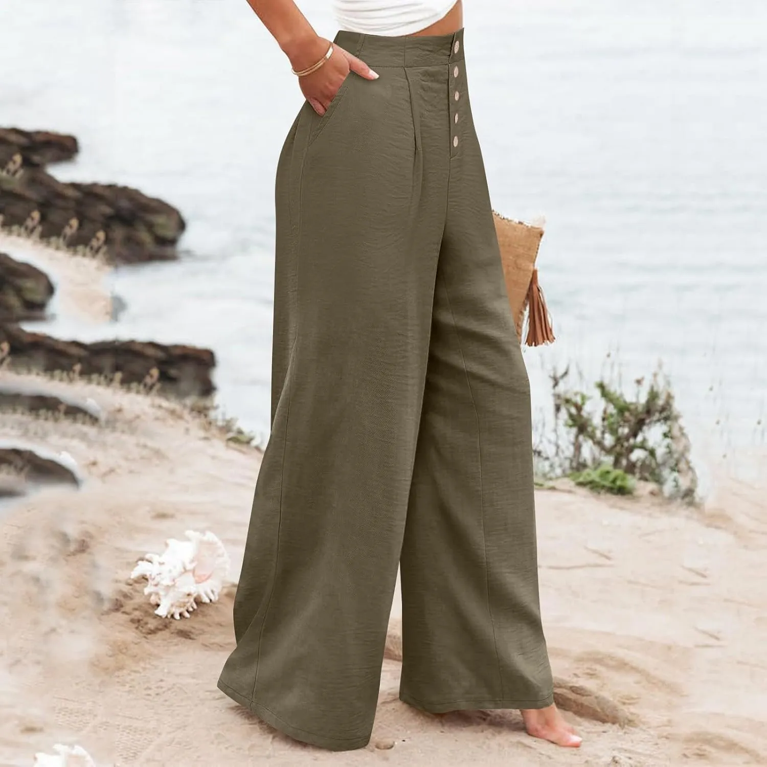 Womens Linen Wide Leg Pants Casual Elastic High Waisted Button Beach Pants Cotton Baggy Trousers with Pockets