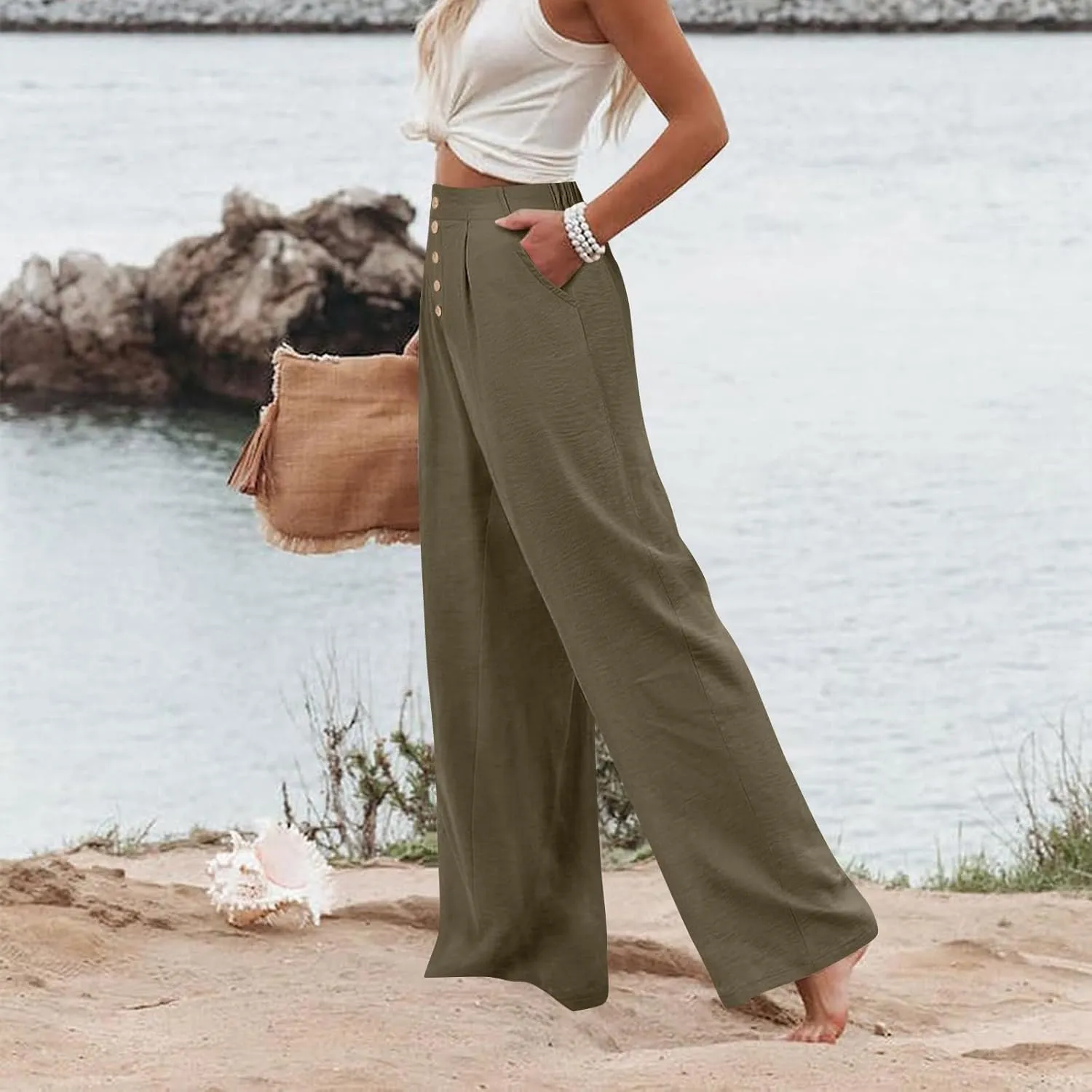 Womens Linen Wide Leg Pants Casual Elastic High Waisted Button Beach Pants Cotton Baggy Trousers with Pockets