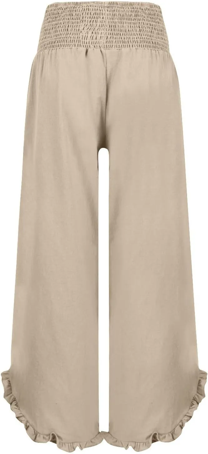 WomenS Linen Wide Leg Pants Flowy Smocked Waist Ruffle Hem Lightweight Summer Beach Vacation Trousers with Pockets