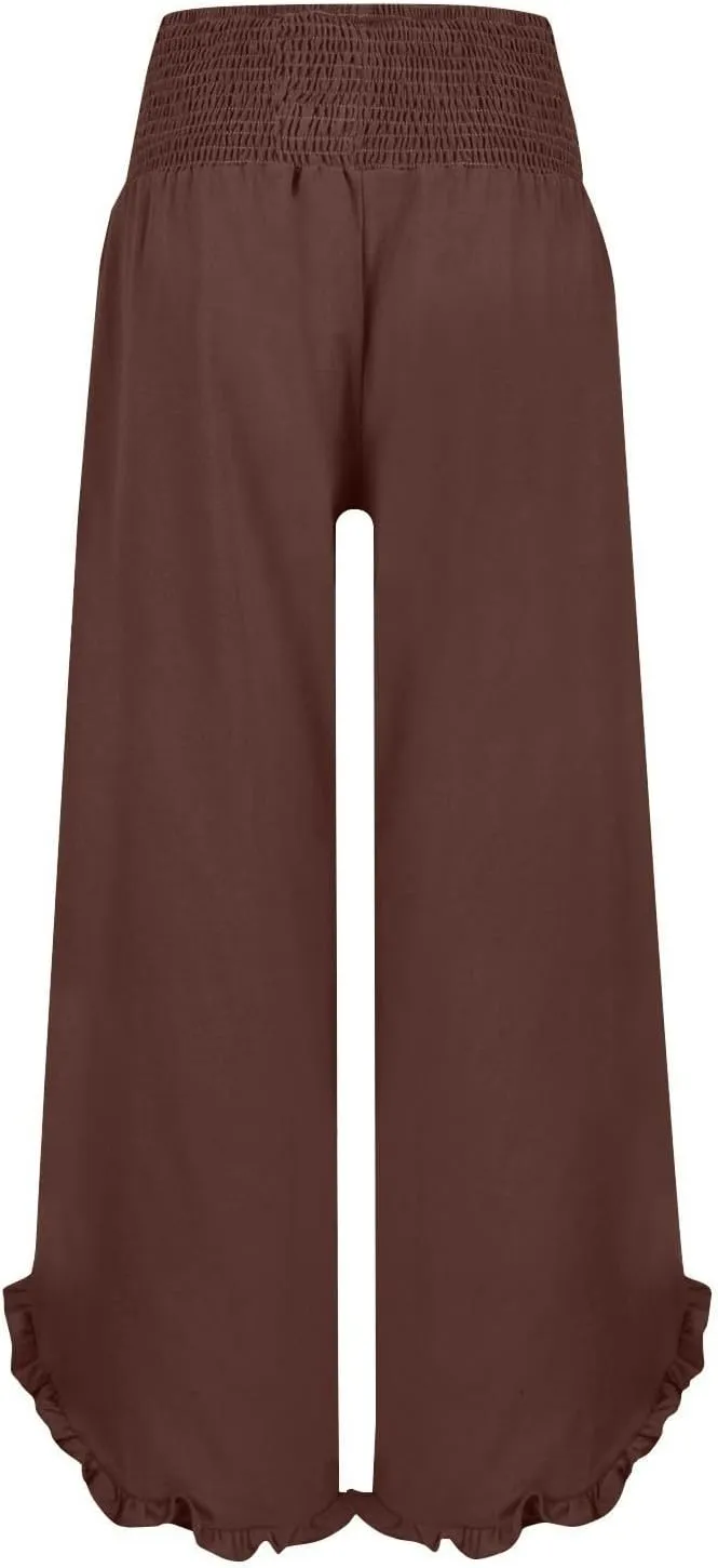 WomenS Linen Wide Leg Pants Flowy Smocked Waist Ruffle Hem Lightweight Summer Beach Vacation Trousers with Pockets