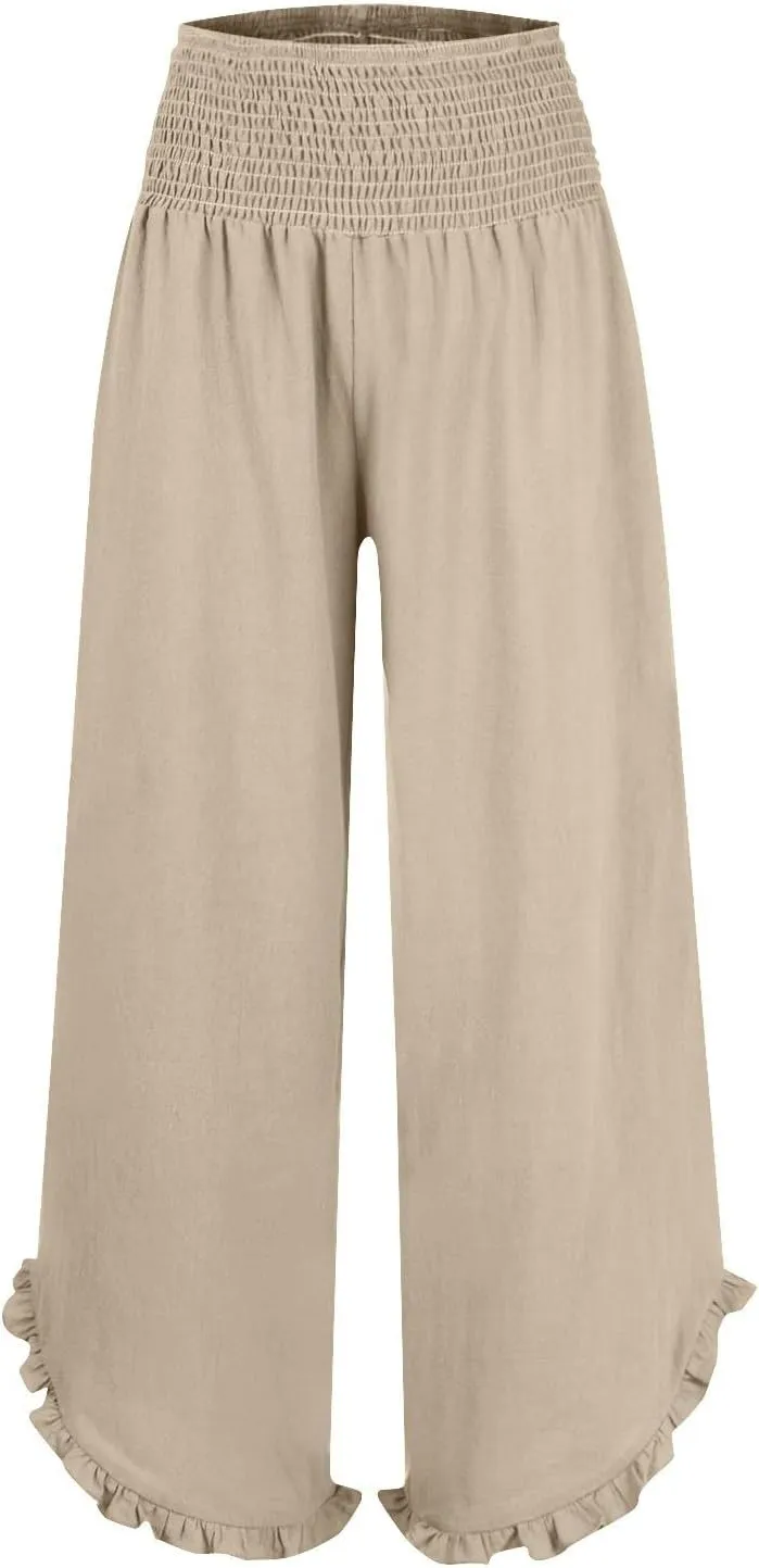 WomenS Linen Wide Leg Pants Flowy Smocked Waist Ruffle Hem Lightweight Summer Beach Vacation Trousers with Pockets