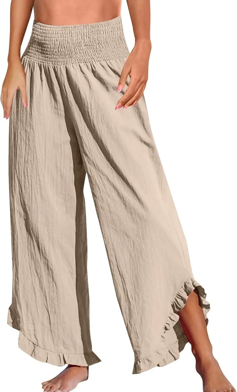 WomenS Linen Wide Leg Pants Flowy Smocked Waist Ruffle Hem Lightweight Summer Beach Vacation Trousers with Pockets