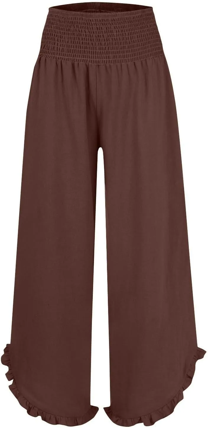 WomenS Linen Wide Leg Pants Flowy Smocked Waist Ruffle Hem Lightweight Summer Beach Vacation Trousers with Pockets