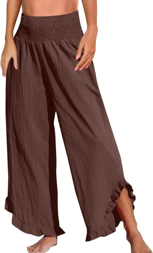 WomenS Linen Wide Leg Pants Flowy Smocked Waist Ruffle Hem Lightweight Summer Beach Vacation Trousers with Pockets