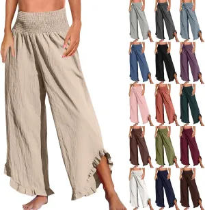 WomenS Linen Wide Leg Pants Flowy Smocked Waist Ruffle Hem Lightweight Summer Beach Vacation Trousers with Pockets