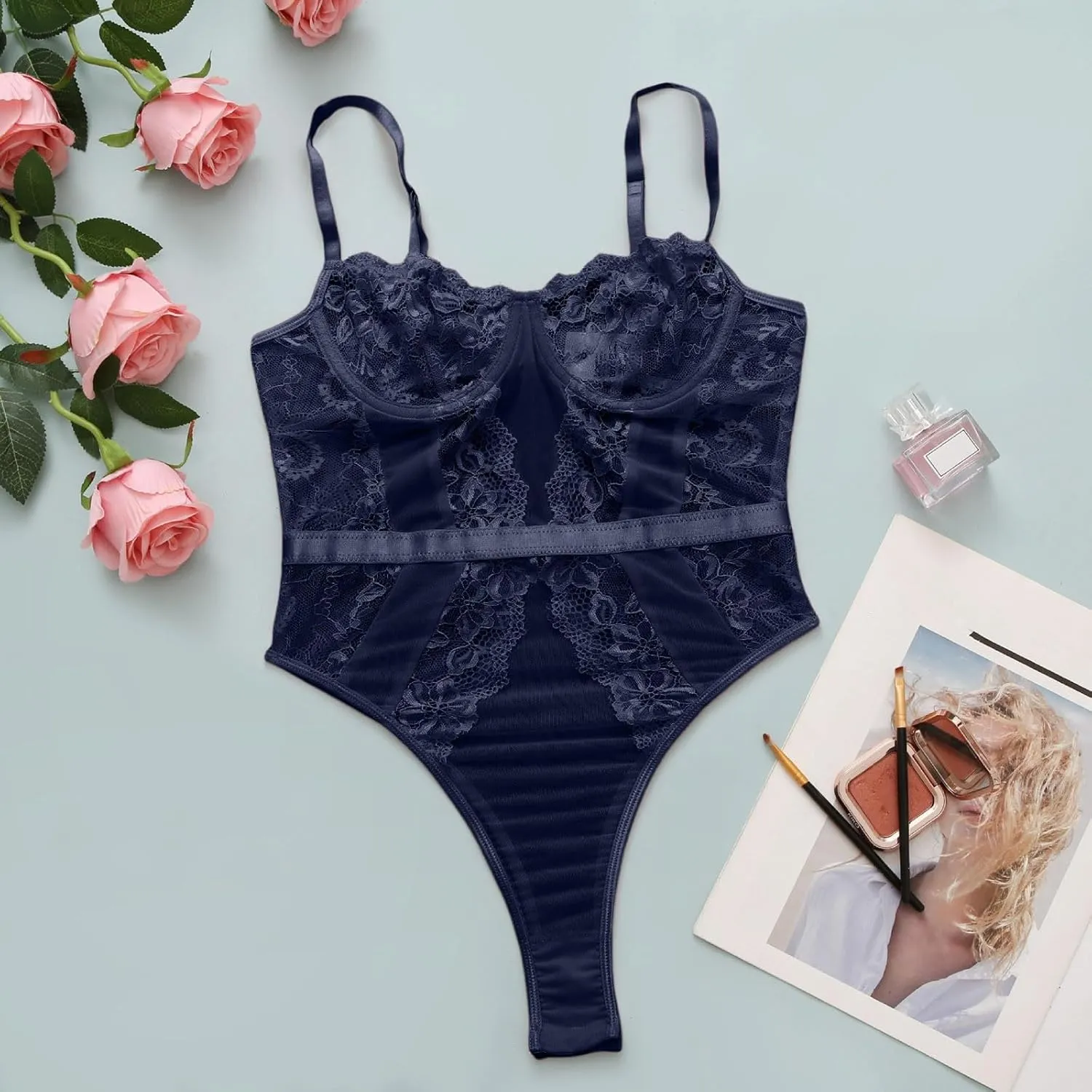 Women's Lingerie Bodysuit Sexy Body Lingerie Lace Suspender Tops Outfit Snap Crotch Silk Stockings for Women with