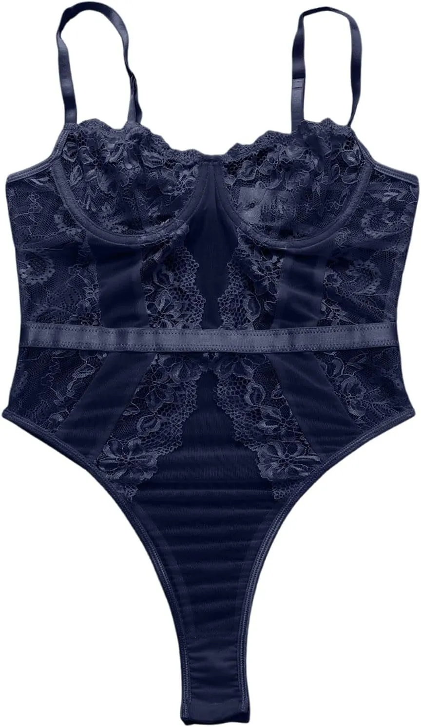 Women's Lingerie Bodysuit Sexy Body Lingerie Lace Suspender Tops Outfit Snap Crotch Silk Stockings for Women with