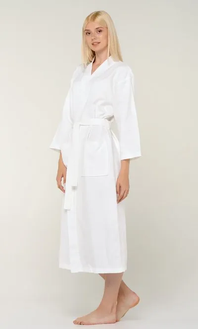 Womens Long Waffle Kimono Lightweight Turkish Cotton Robe, Hotel Spa Bathrobe