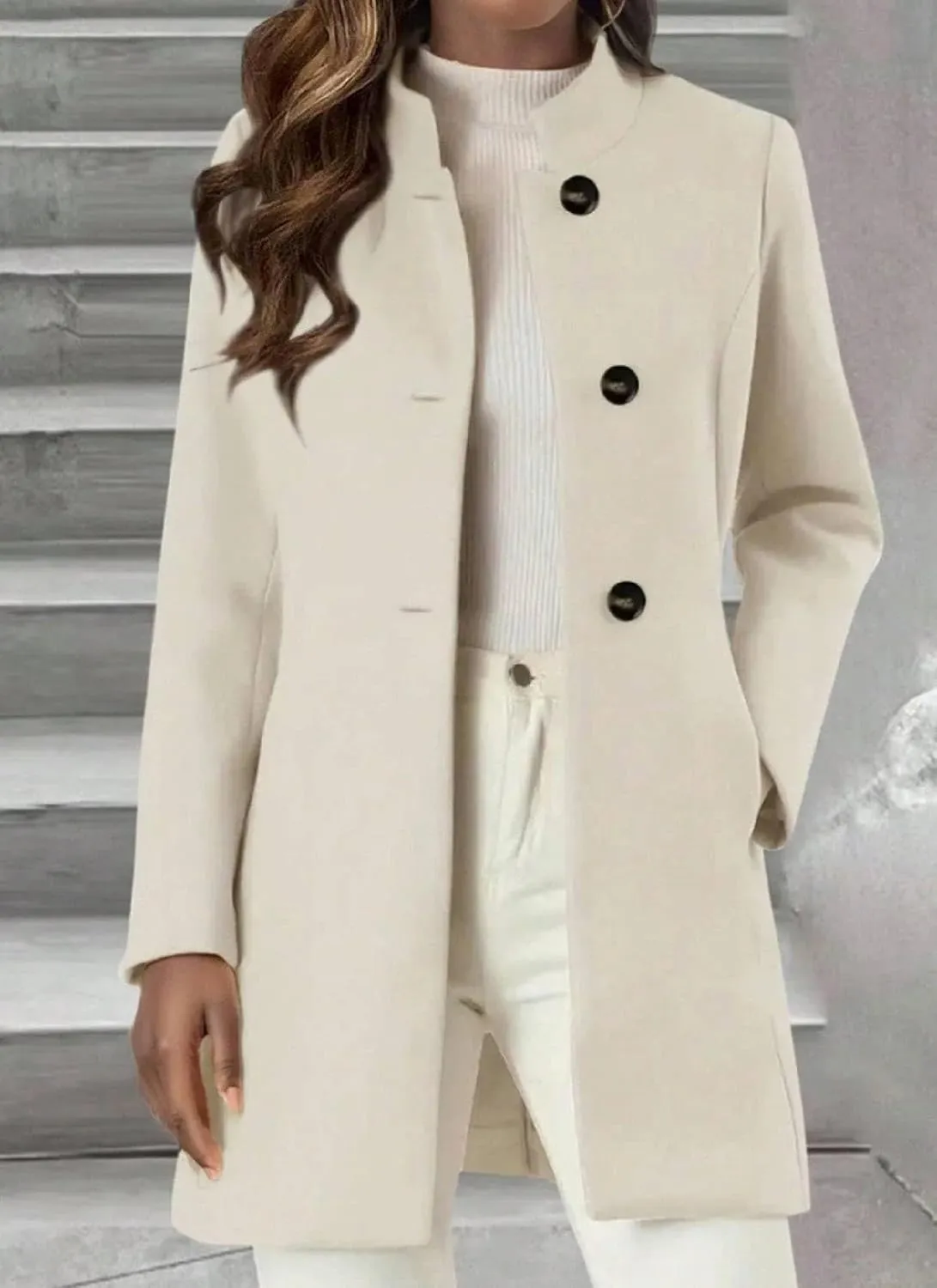 Womens Mid-Long Woolen Pea Coat Stand Collar Single Breasted Wool Blend Jacket Blazer Winter Overcoat with Pockets