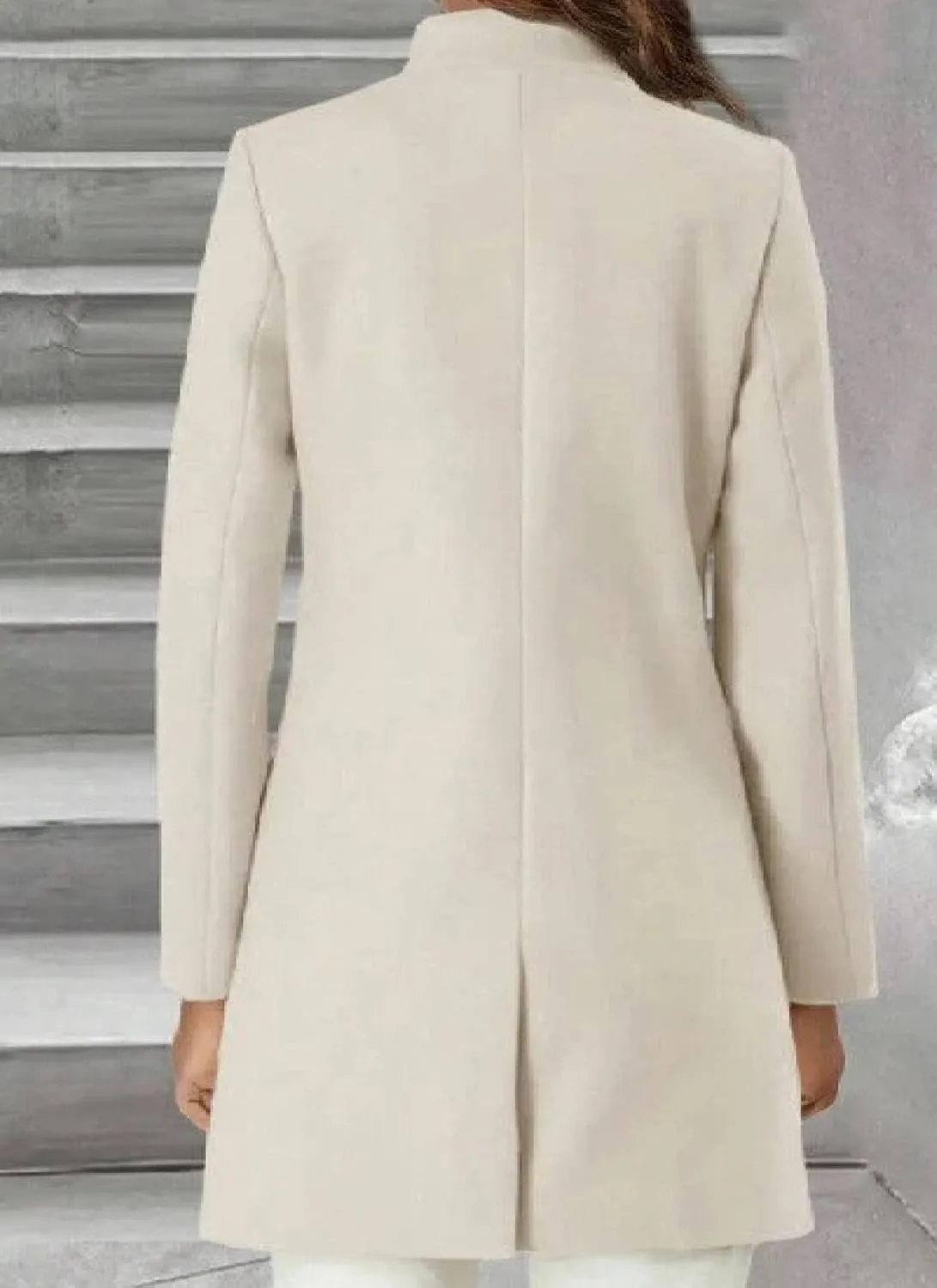 Womens Mid-Long Woolen Pea Coat Stand Collar Single Breasted Wool Blend Jacket Blazer Winter Overcoat with Pockets