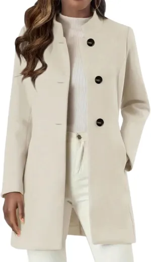 Womens Mid-Long Woolen Pea Coat Stand Collar Single Breasted Wool Blend Jacket Blazer Winter Overcoat with Pockets