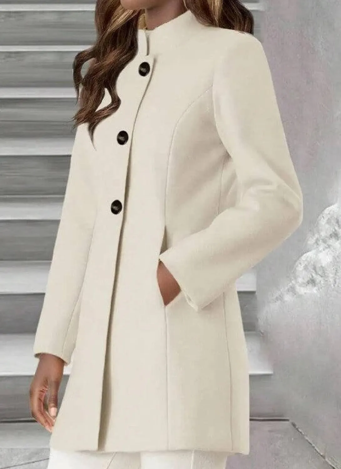 Womens Mid-Long Woolen Pea Coat Stand Collar Single Breasted Wool Blend Jacket Blazer Winter Overcoat with Pockets