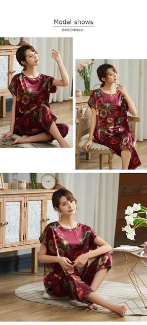 Women's Nightie Home Clothes Plus Oversized 5XL Satin Silk Pajamas Sets - S415284141