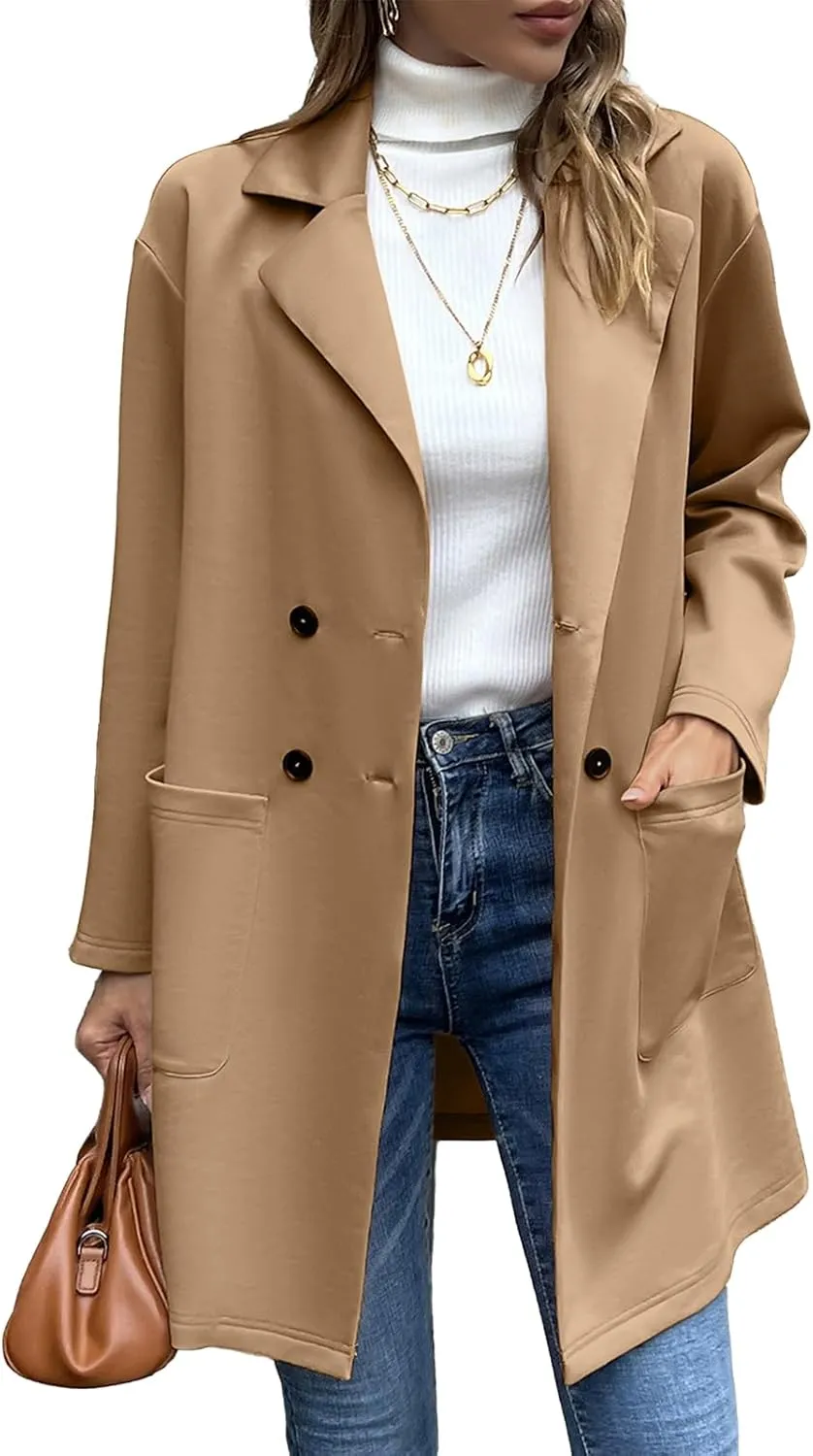 Women's Notched Lapel Pea Coat Double Breasted Wool Blend Midi Long Trench Coat Outwear