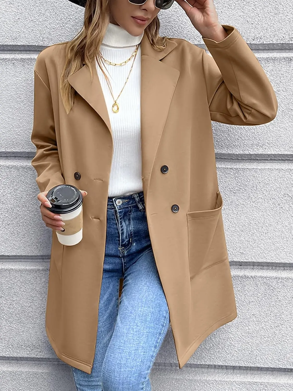 Women's Notched Lapel Pea Coat Double Breasted Wool Blend Midi Long Trench Coat Outwear