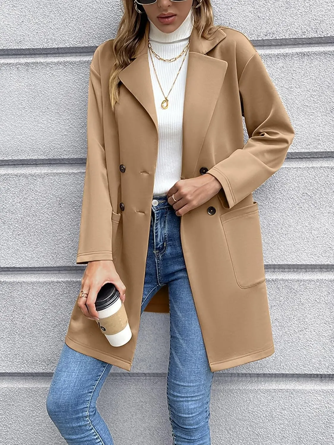 Women's Notched Lapel Pea Coat Double Breasted Wool Blend Midi Long Trench Coat Outwear
