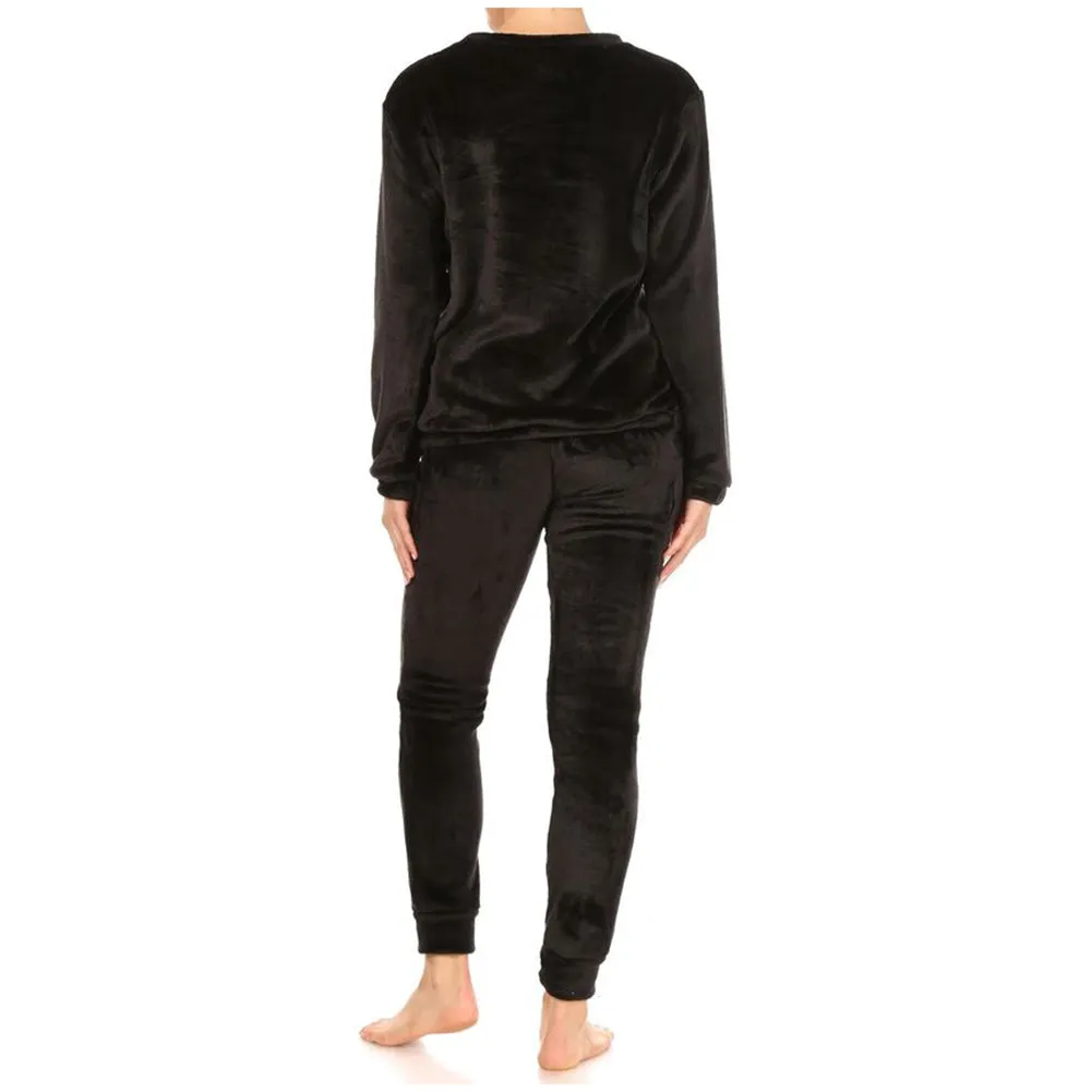 Womens Pajama Set Double Plush Faux Fur Long Sleeve Sweatshirt & Jogger Pants