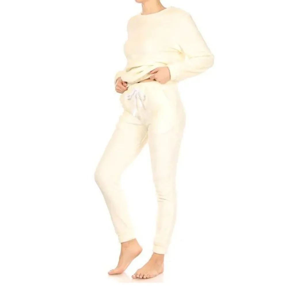 Womens Pajama Set Double Plush Faux Fur Long Sleeve Sweatshirt & Jogger Pants