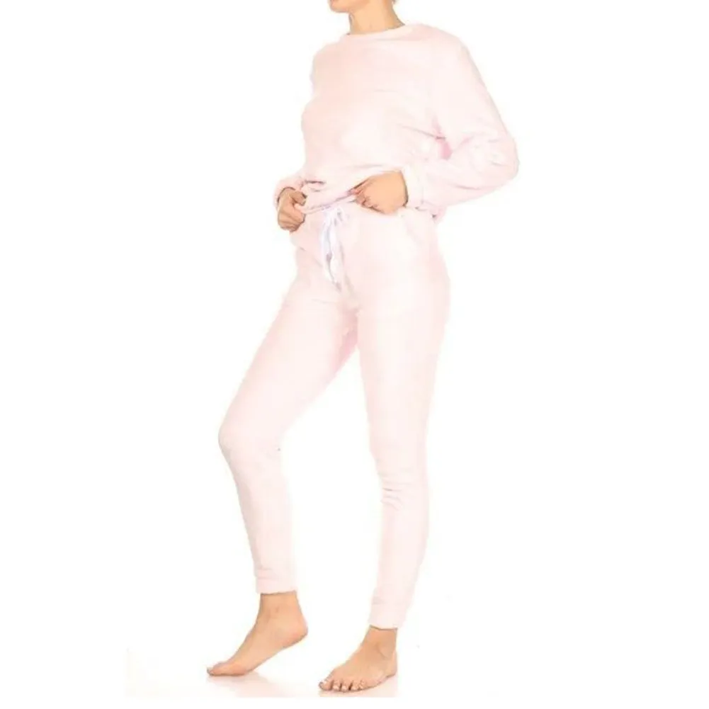 Womens Pajama Set Double Plush Faux Fur Long Sleeve Sweatshirt & Jogger Pants