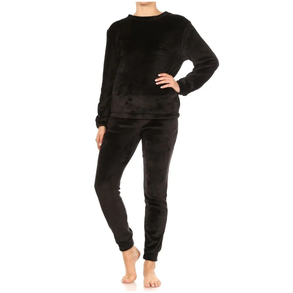 Womens Pajama Set Double Plush Faux Fur Long Sleeve Sweatshirt & Jogger Pants