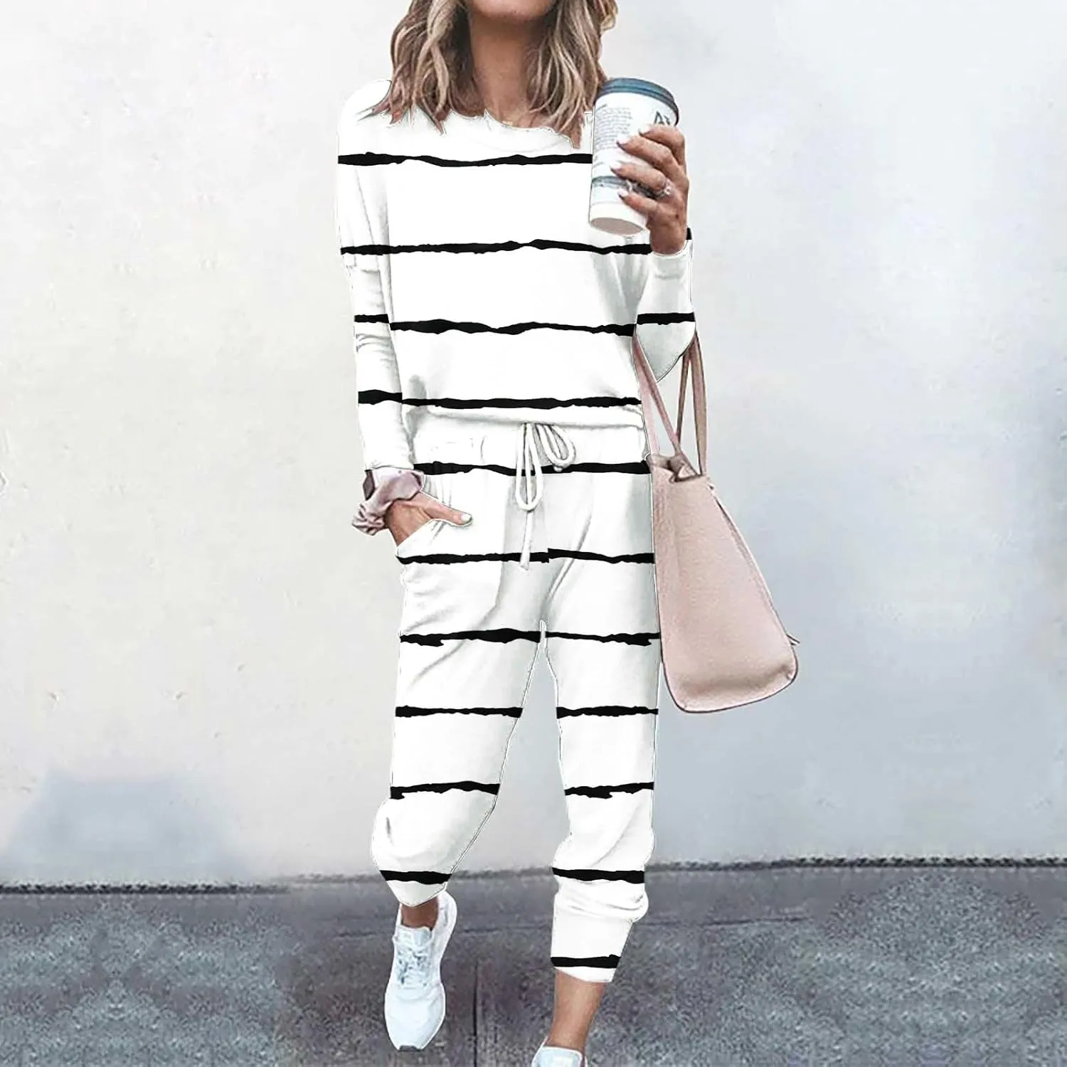Womens Pajama Sets 2 Piece Women's Two Outfit Long Sleeve Crewneck Pullover Tops and Long Pants Tracksuit Sweatsuits