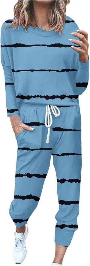 Womens Pajama Sets 2 Piece Women's Two Outfit Long Sleeve Crewneck Pullover Tops and Long Pants Tracksuit Sweatsuits