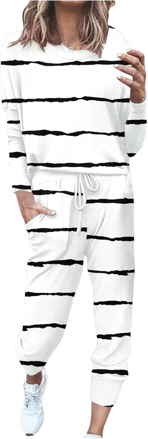 Womens Pajama Sets 2 Piece Women's Two Outfit Long Sleeve Crewneck Pullover Tops and Long Pants Tracksuit Sweatsuits