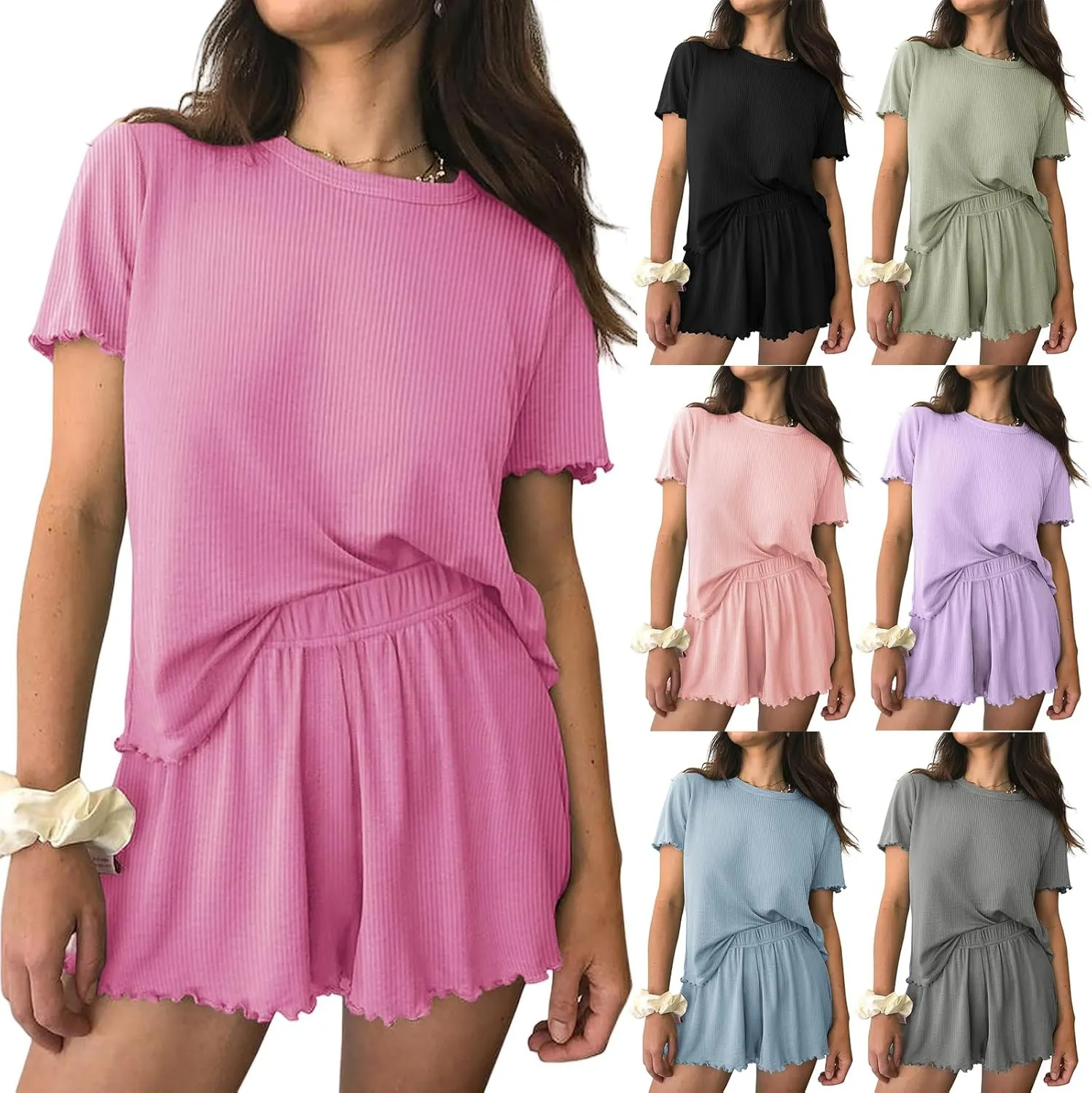 Womens Pajamas 2 Piece Ribbed Knit Pjs Ribbed Knit Short Sleeve Shirts Shorts Casual Lounge Sets