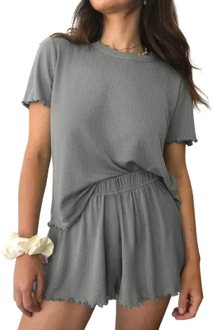 Womens Pajamas 2 Piece Ribbed Knit Pjs Ribbed Knit Short Sleeve Shirts Shorts Casual Lounge Sets