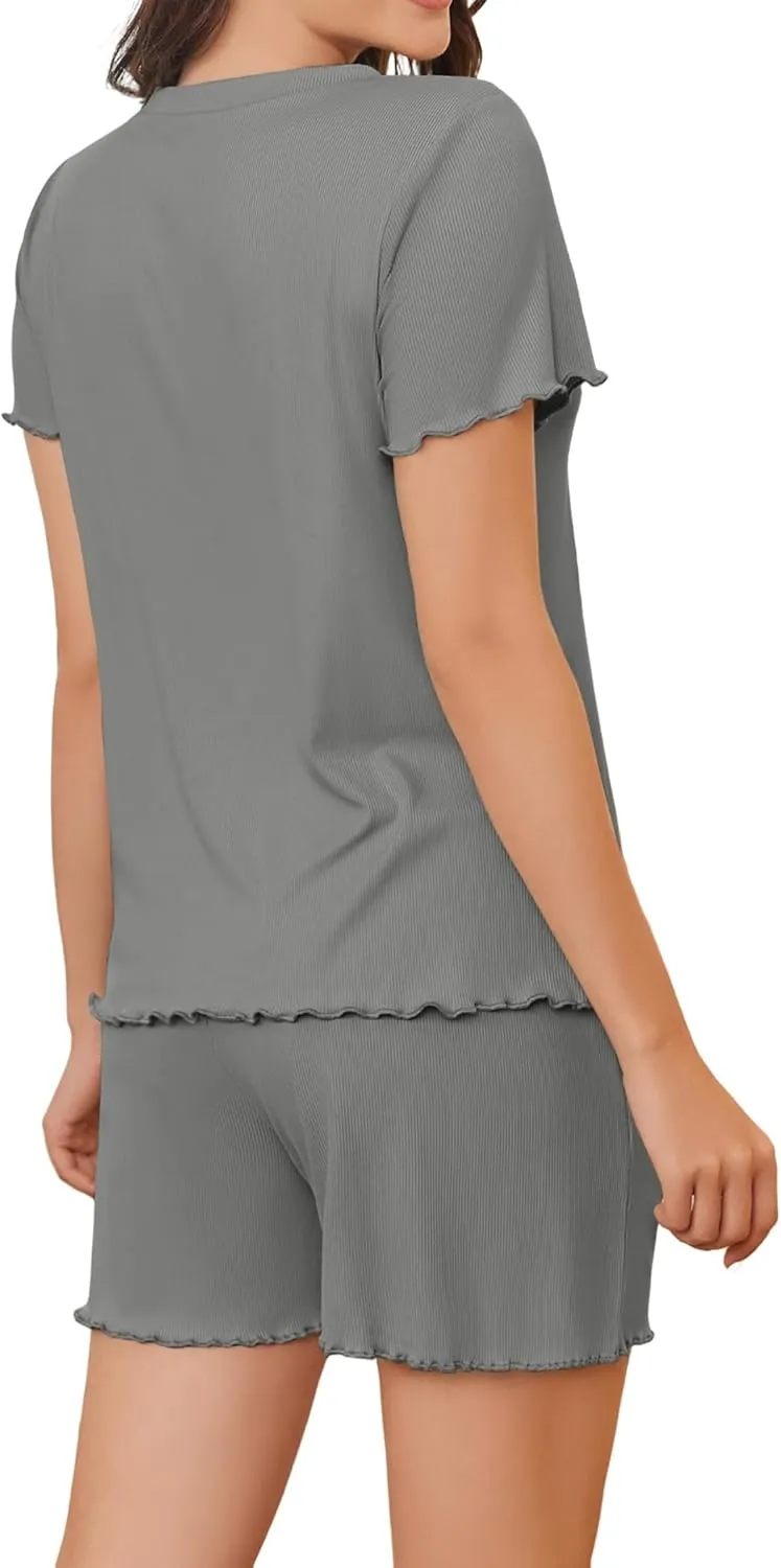 Womens Pajamas 2 Piece Ribbed Knit Pjs Ribbed Knit Short Sleeve Shirts Shorts Casual Lounge Sets