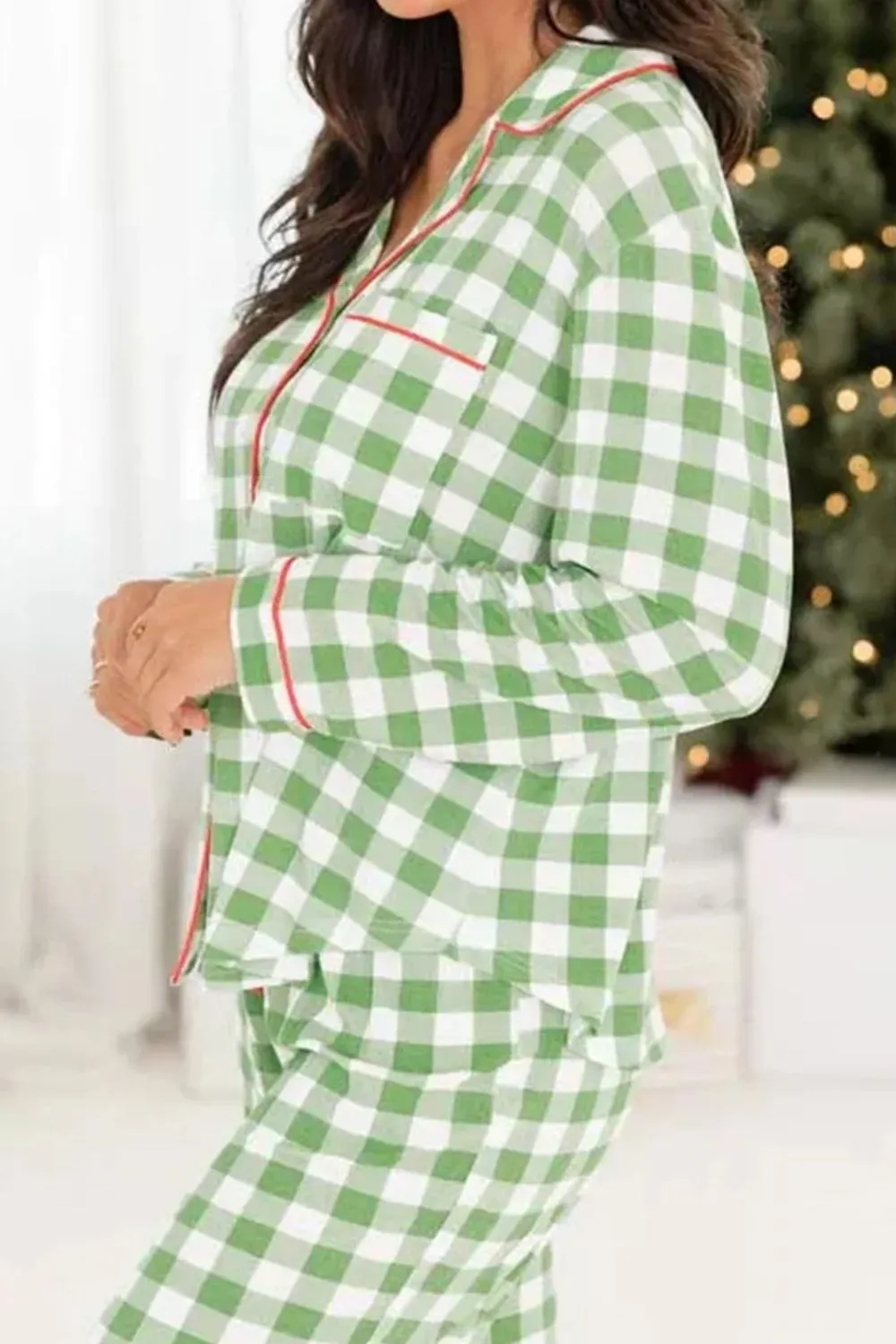 Women's Pajamas Contrast Piping Plaid Top and Pants Lounge Set