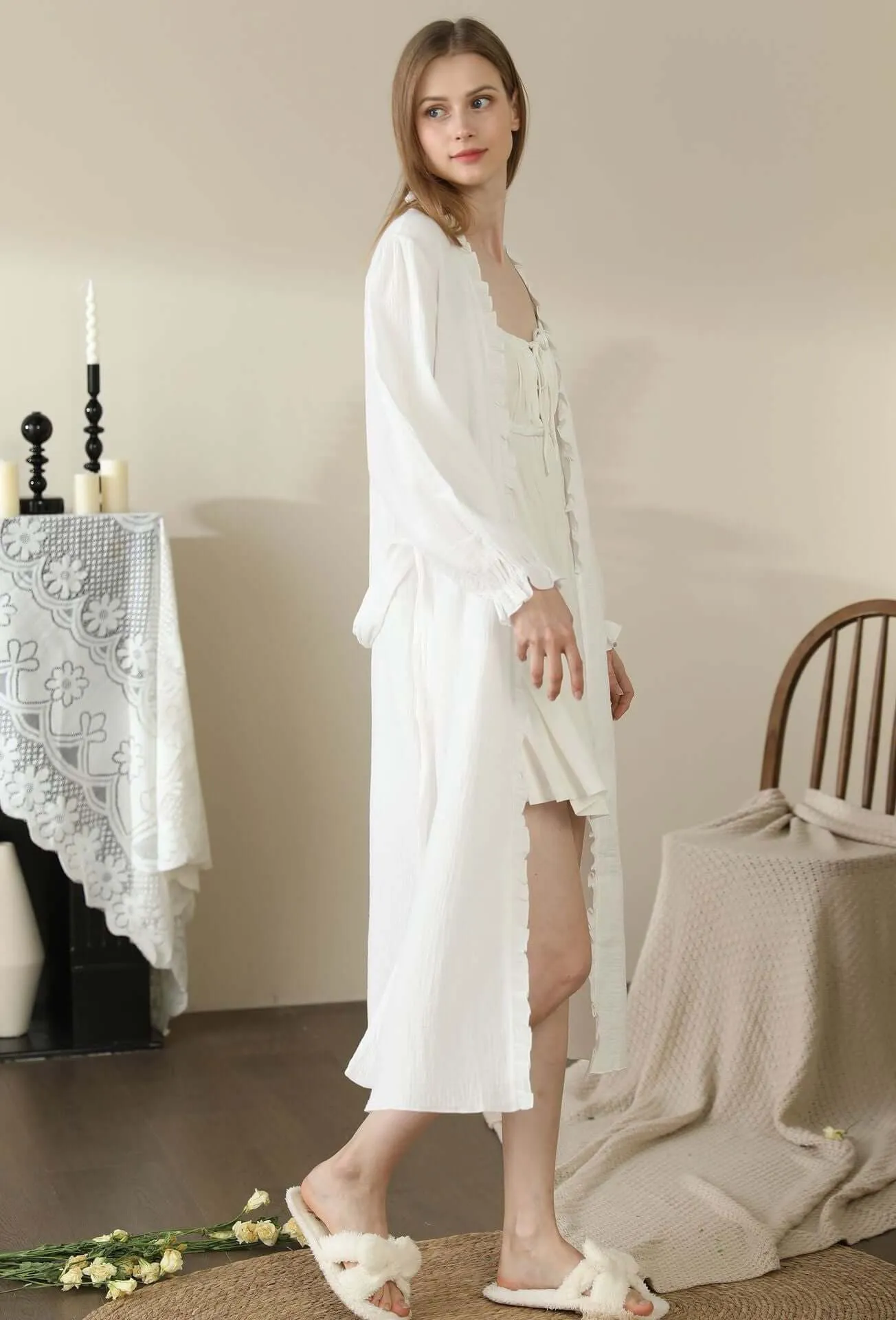 Women's Pajamas Cotton Lace Double-layer Yarn Home Wear female lounge wear