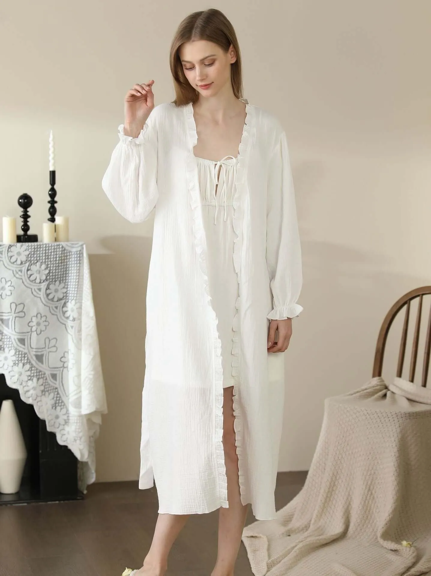 Women's Pajamas Cotton Lace Double-layer Yarn Home Wear female lounge wear