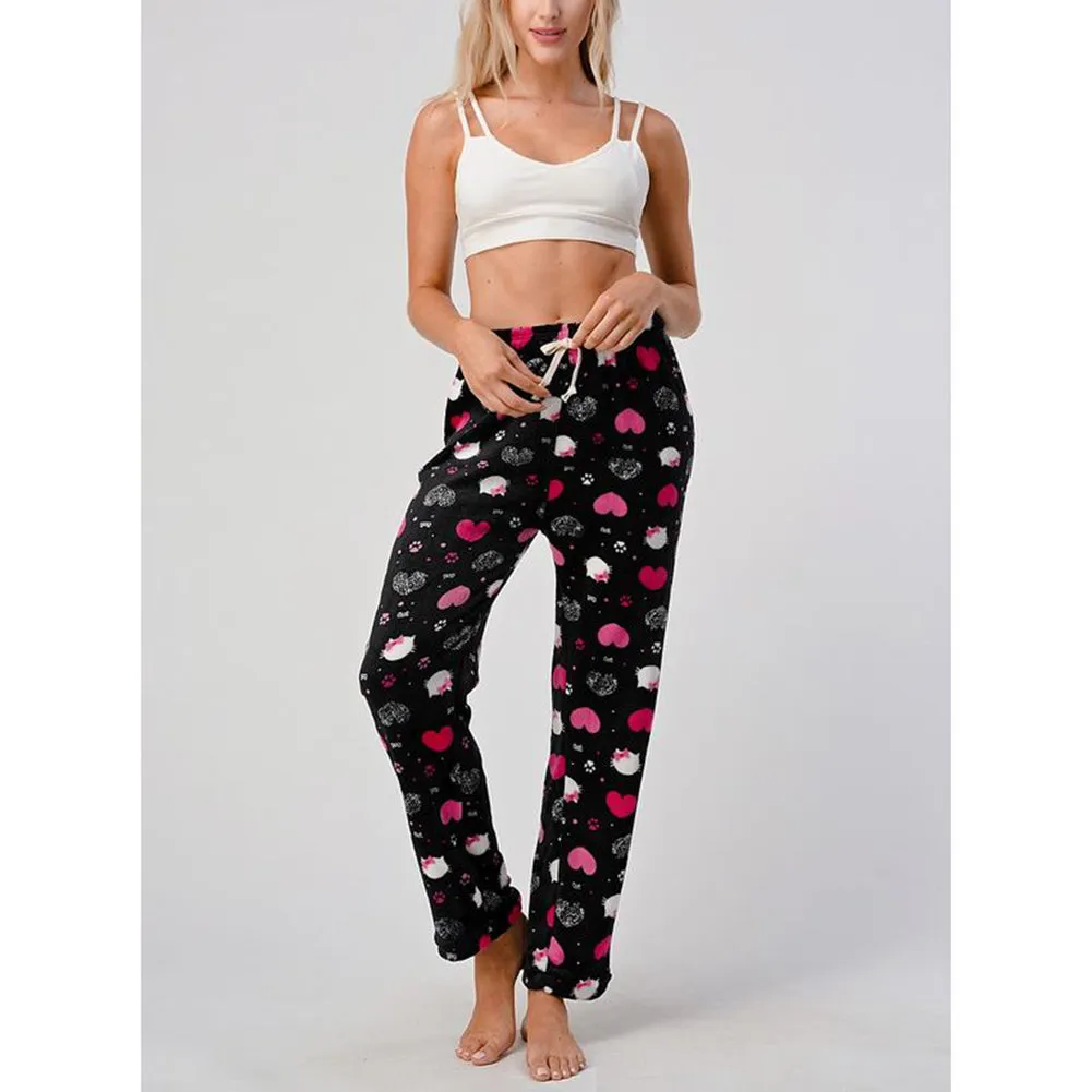 Womens Pajamas Pants Plush Fleece Printed Warm Brushed Soft Sleepwear Bottoms