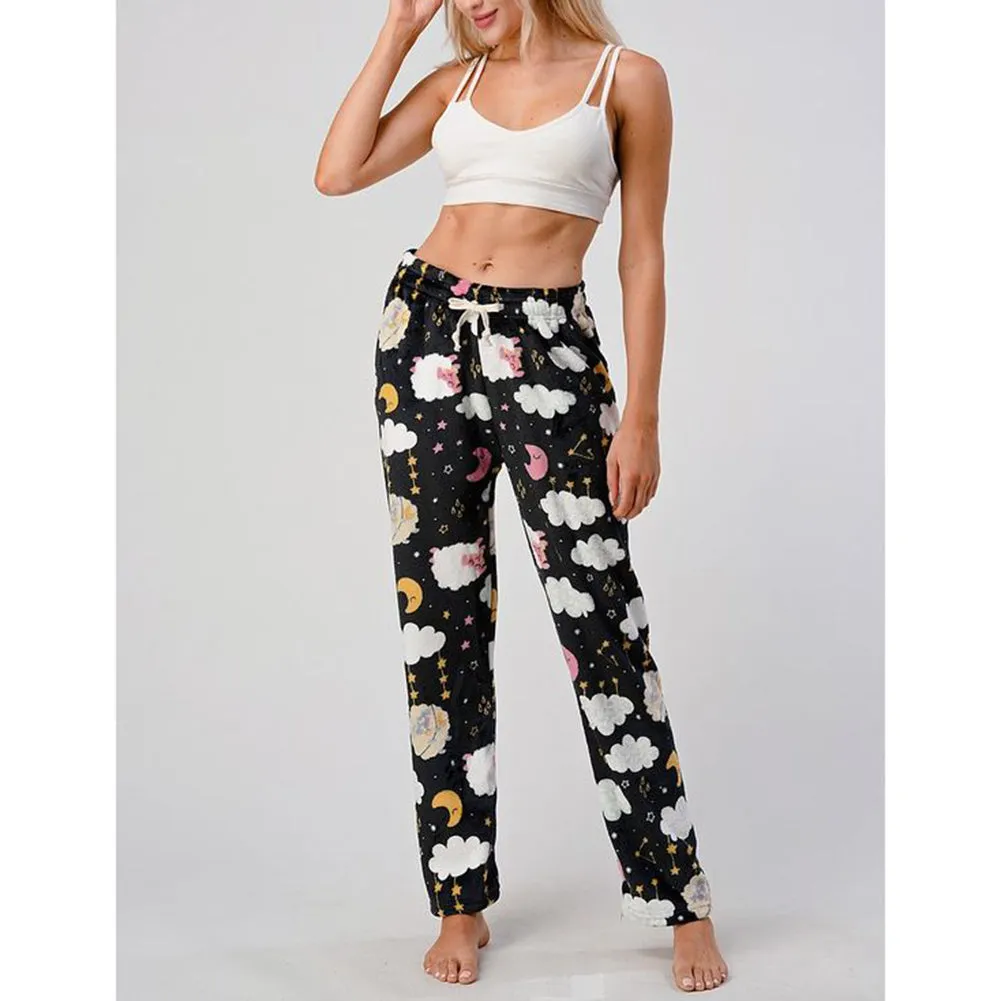 Womens Pajamas Pants Plush Fleece Printed Warm Brushed Soft Sleepwear Bottoms