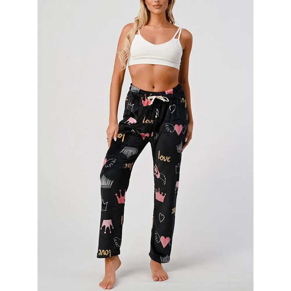 Womens Pajamas Pants Plush Fleece Printed Warm Brushed Soft Sleepwear Bottoms