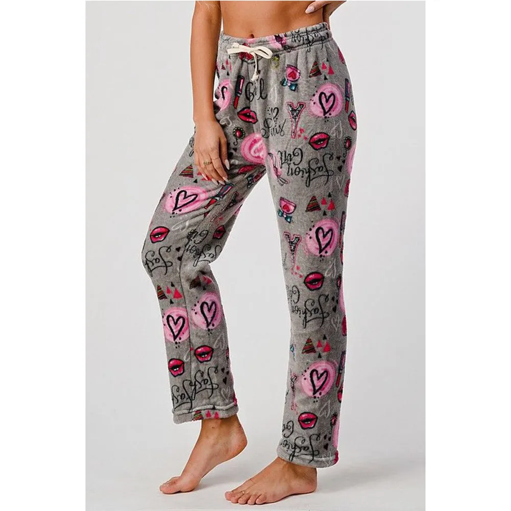 Womens Pajamas Pants Plush Fleece Printed Warm Brushed Soft Sleepwear Bottoms