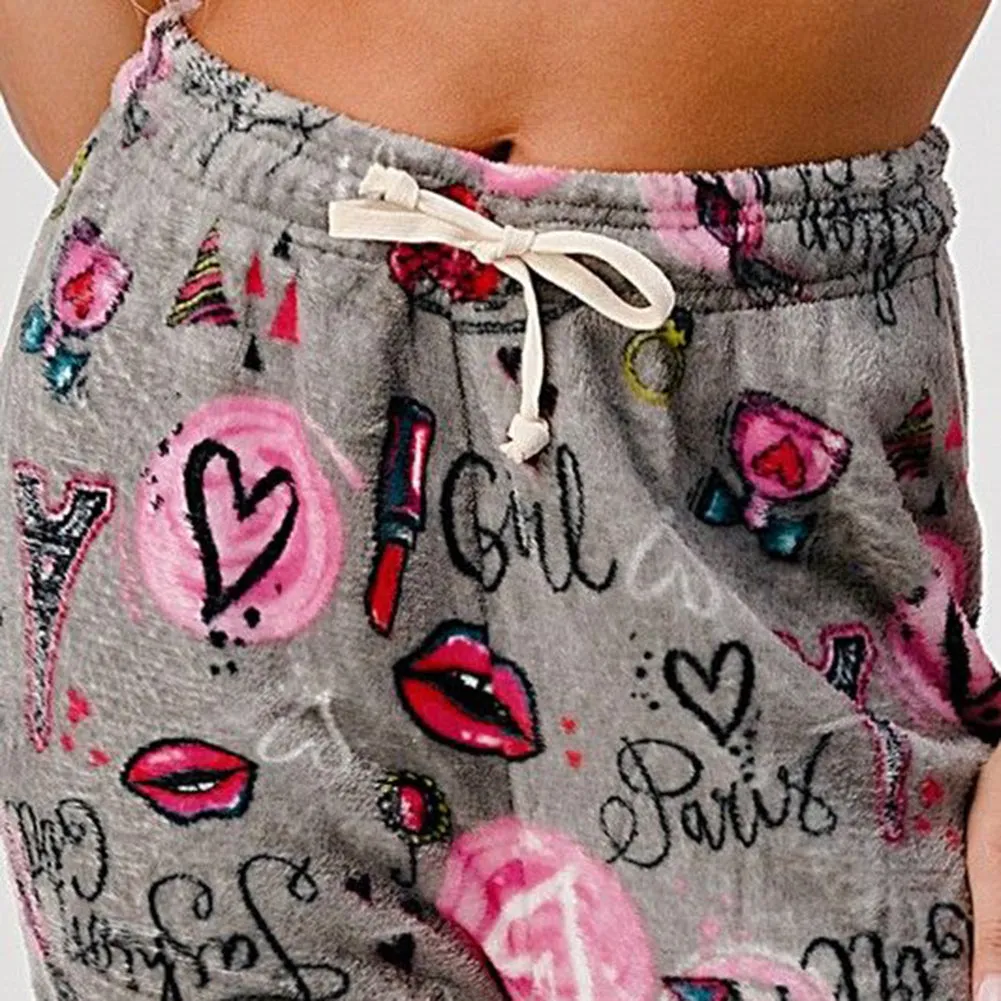 Womens Pajamas Pants Plush Fleece Printed Warm Brushed Soft Sleepwear Bottoms