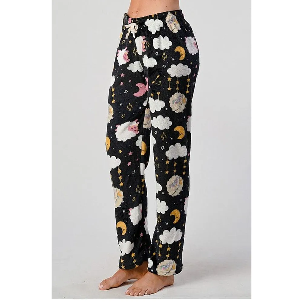 Womens Pajamas Pants Plush Fleece Printed Warm Brushed Soft Sleepwear Bottoms