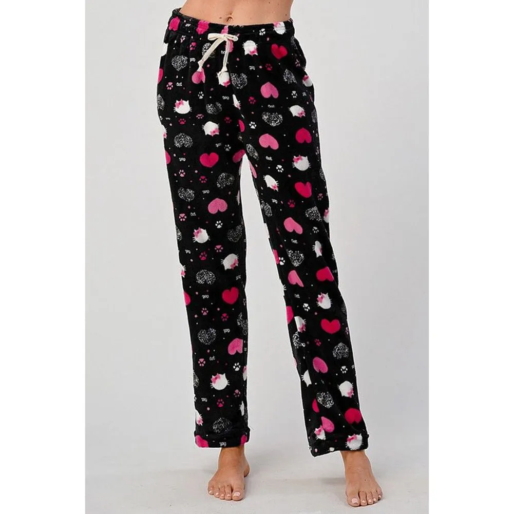 Womens Pajamas Pants Plush Fleece Printed Warm Brushed Soft Sleepwear Bottoms