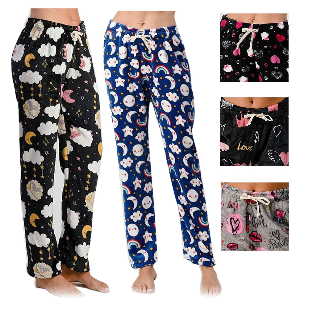 Womens Pajamas Pants Plush Fleece Printed Warm Brushed Soft Sleepwear Bottoms